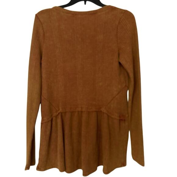 Guilded Intent Buckle Cotton Blend Brown Waffle Knit V Neck Peplum Hem Top New S - Picture 2 of 14